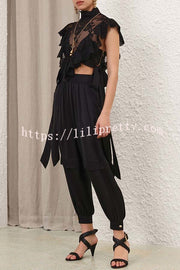 Esella Satin Gathered Waist Pocket Button Ankle Cuffs Harem Pant