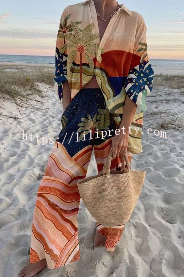 Lilipretty Sunset Atmosphere Palm Print Oversized Blouse and Elastic Waist Pocketed Pants Set
