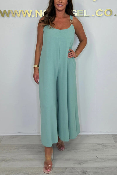 Solid Color Metal Decoration Sleeveless Loose Casual Wide-leg Jumpsuit