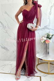 Feeling Galm Tulle Knotted One Shoulder Pleated Slit Maxi Dress