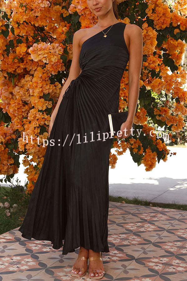 Charming One Shoulder Lace Up Cutout Pleated Maxi Dress