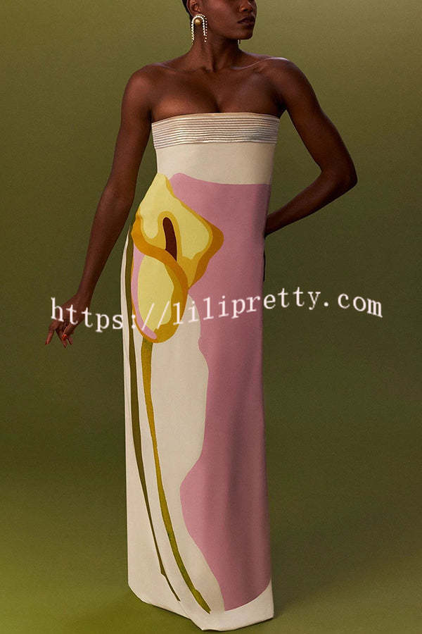 Dalva Calla Lilies Print Pleated Metallic Fabric Patchwork Bandeau Loose Maxi Dress