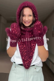 Sequined Drawstring Balaclava Warm Loop Scarf Hat and Gloves