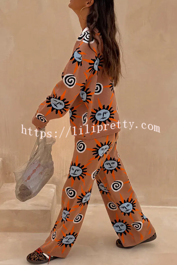 Mediterranean Art Knit Unique Sun Vortex Print Elastic Waist Wide Leg Pants