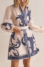 Botanical Print Lapel Puff Sleeve Vintage Belt Loose Mini Dress