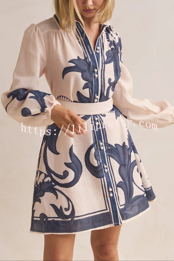 Botanical Print Lapel Puff Sleeve Vintage Belt Loose Mini Dress