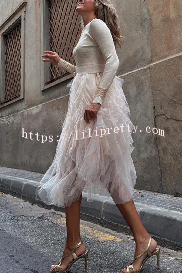 Jansen Ribbed Knit Patchwork Layered Tulle Ruffles Long Sleeve Midi Dress