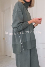 Barker High-Neck Long Sleeve Side Zipper Sweatshirt and Elastic Waist Pocketed Loose Pants Set