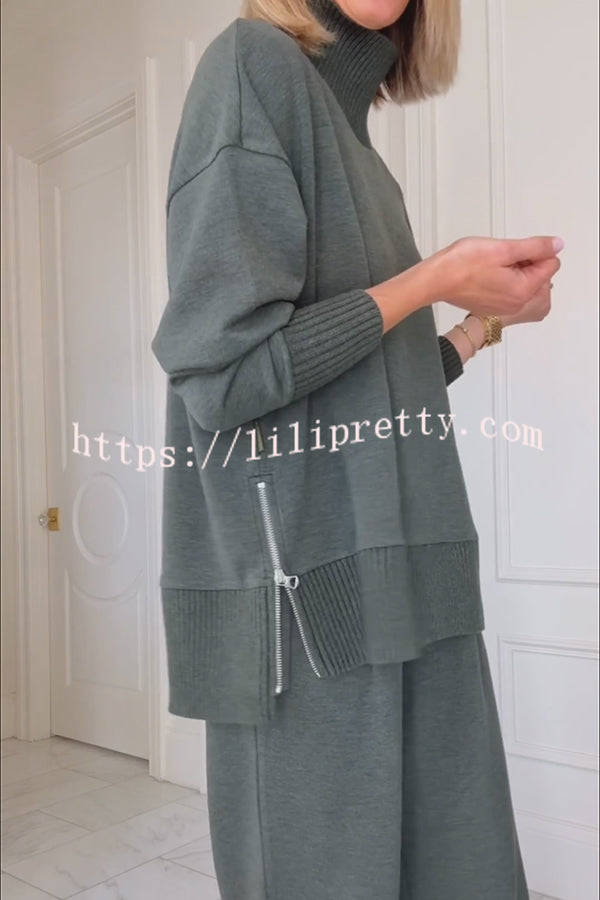 Barker High-Neck Long Sleeve Side Zipper Sweatshirt and Elastic Waist Pocketed Loose Pants Set