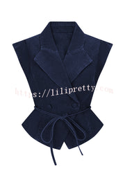 Charley Denim Button Up Cap Short Sleeve Structured Tie-up Lapel Top