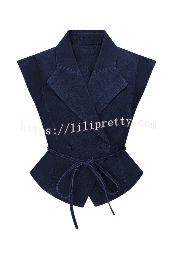 Charley Denim Button Up Cap Short Sleeve Structured Tie-up Lapel Top