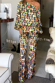 Lilipretty Hailey Colorful Polka Dots One Shoulder Top and Elastic Waist Pocketed Flare Pants Set