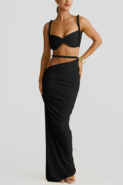 Sexy Halter Back Braided Suspender Top and Beach Holiday Style Hip-wrapped Maxi Skirt Set