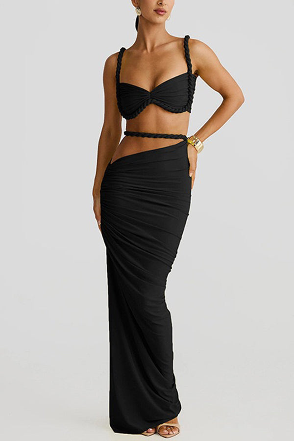 Sexy Halter Back Braided Suspender Top and Beach Holiday Style Hip-wrapped Maxi Skirt Set