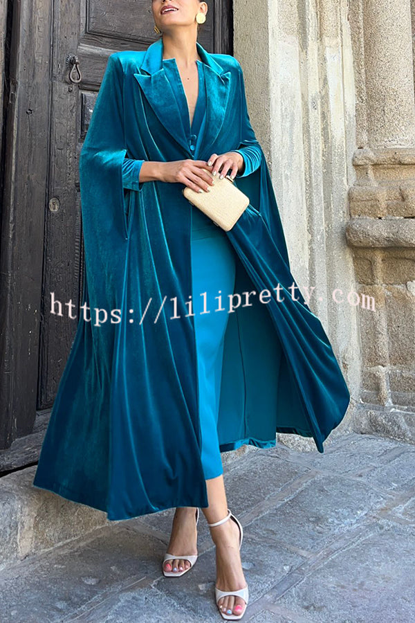 Olivienne Luxurious Velvet Padded Shoulders Slit Sleeve Lapel Midi Cape