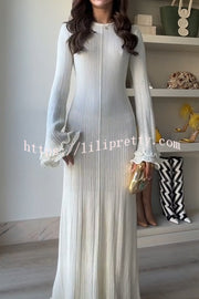 Clara Pleated Fabric Wavy Edges Bell Sleeve Tie-back Stretch Maxi Dress