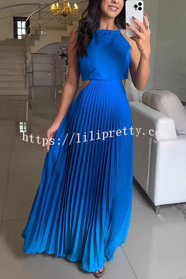 Fashionable Backless Tie Elegant Gradient Pleated Maxi Dress