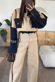 Chill Whispers Denim Patchwork Sweatshirt Fabric Zipper Long Sleeve Pocket Loose Jacket