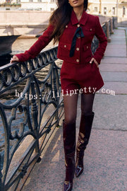 Sweet Dreams Tweed Bow Neck Button Long Sleeve Pocket Crop Jacket