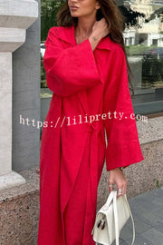 Linen Blend Solid Color Casual Lapel Tie Loose Maxi Dress