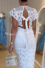 Elouise Wave Dot Embroidery Lace Back Tie-up Top and Elastic Waist Maxi Skirt Set