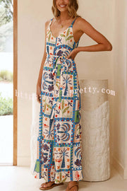 Unique Beach Vacation Print V-neck Suspenders Casual Wide-leg Jumpsuit