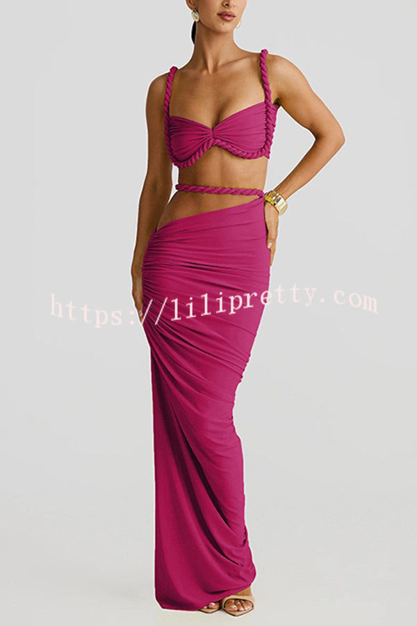 Sexy Halter Back Braided Suspender Top and Beach Holiday Style Hip-wrapped Maxi Skirt Set