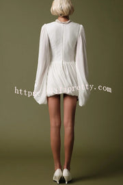 Solid Color Round Neck Lantern Long Sleeve Pleated Casual Mini Dress