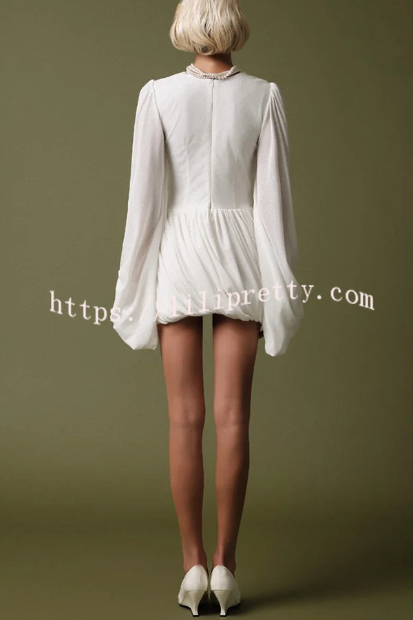 Solid Color Round Neck Lantern Long Sleeve Pleated Casual Mini Dress