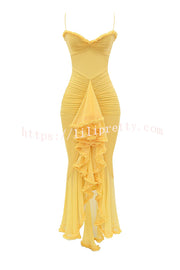 Retro Romantic Style Mesh Ruffle Trim Ruched Slit High Low Maxi Dress