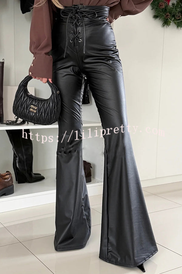 Stylish Faux Leather High Waist Lace-up Back Zipper Flare Stretch Pants