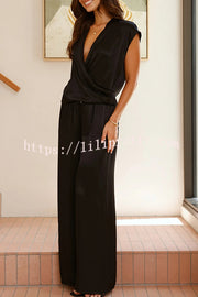 Brylee Satin Wrap Drape Style Top and Elastic Waist Pocket Wide Leg Pants Set