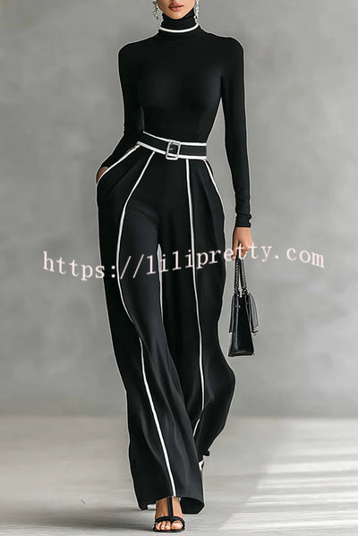 Fashionable Slim-fit Long-sleeved Turtleneck Top and Casual Pocket Pants Set