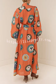 Linen Blend Unique Print Belted Single-breasted Casual Maxi Dress