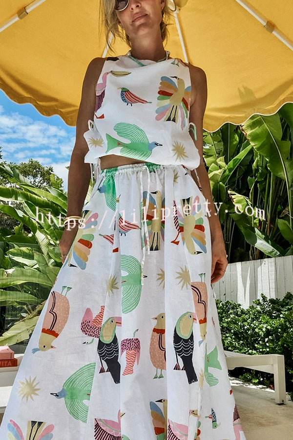 Island Paradise Linen Blend Unique Print Tie-up Slit Tank and Elastic Waist Pocketed Maxi Skirt Set