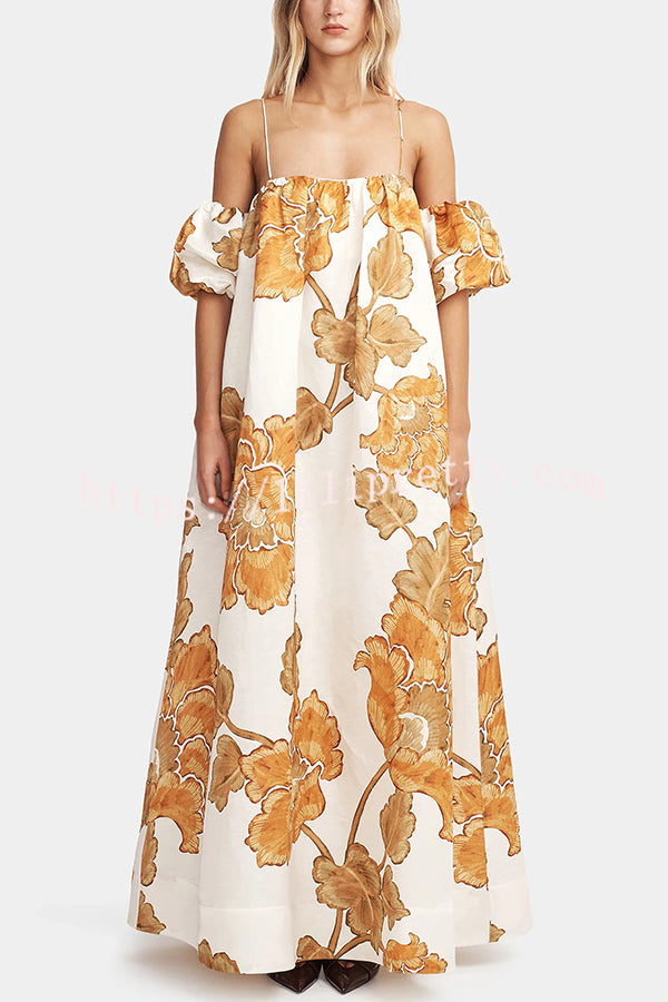 Floral Print Suspenders Puff Sleeves Loose Pocket Holiday Maxi Dress