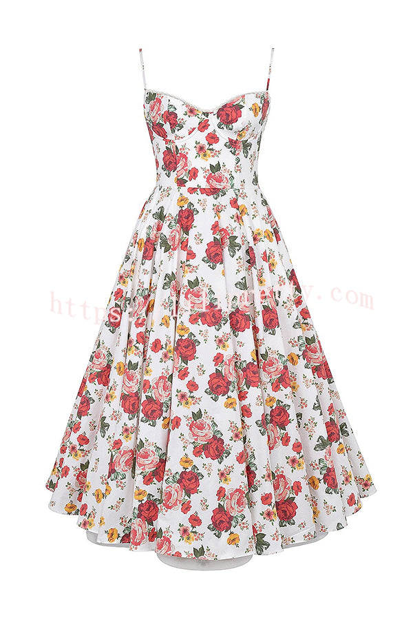 Fairy Tale Gorgeous Italian Rose Print Tulle Pocketed Slip Midi Dress