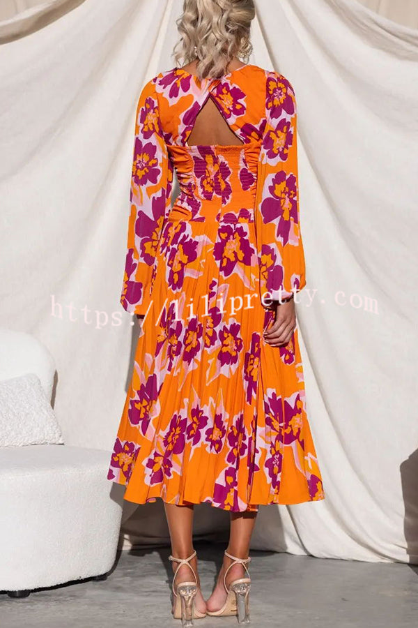 Lilipretty Feeling Loved Floral Print Back Cutout Pleated Midi Dress