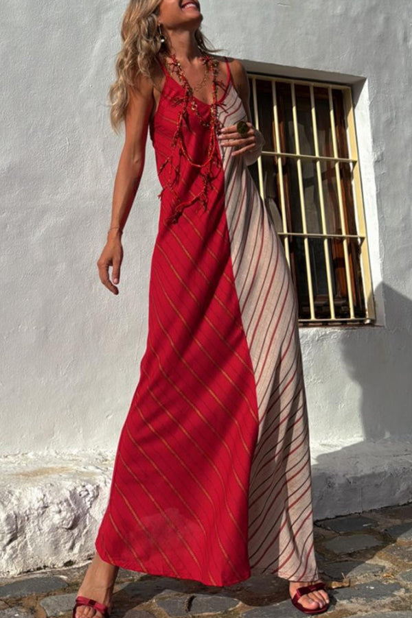 Fashionable Splicing V-neck Suspenders Loose Maxi Dress