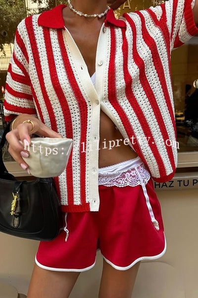 Fashionable Red and White Contrast Lapel Short-sleeved Knitted Top