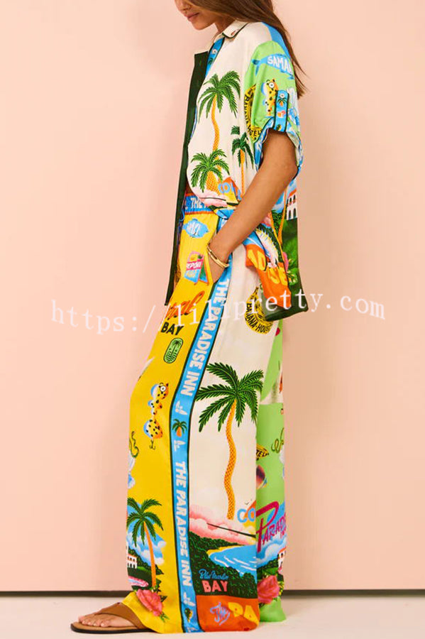 Lilipretty Kissed By The Sun Satin Unique Print Colorblock Elastic Waist Pocketed Wide Leg Pants