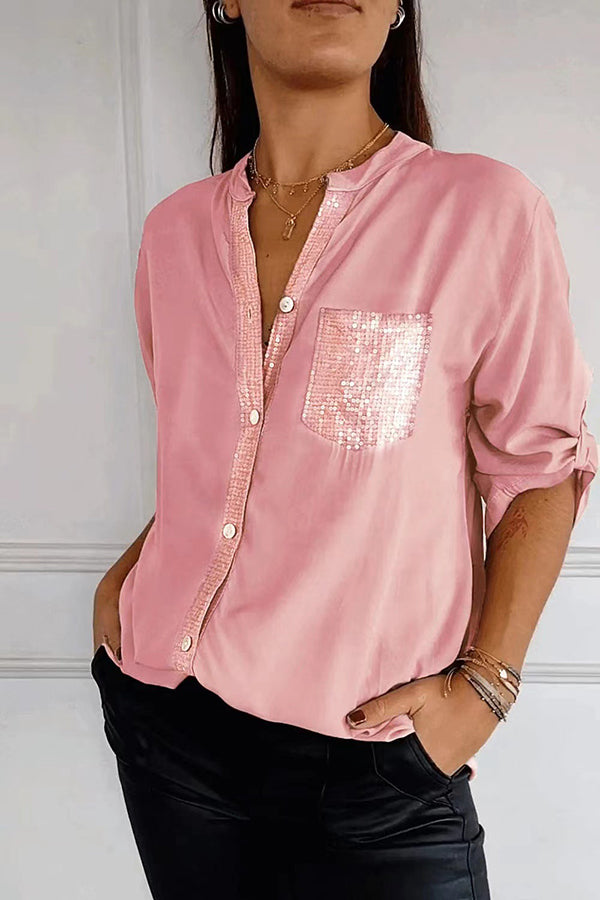 Solid Color Casual Loose Sequin Pocket Shirt Top