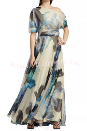 Unique Printed Bohemian Short-sleeved One-shoulder Maxi Dress