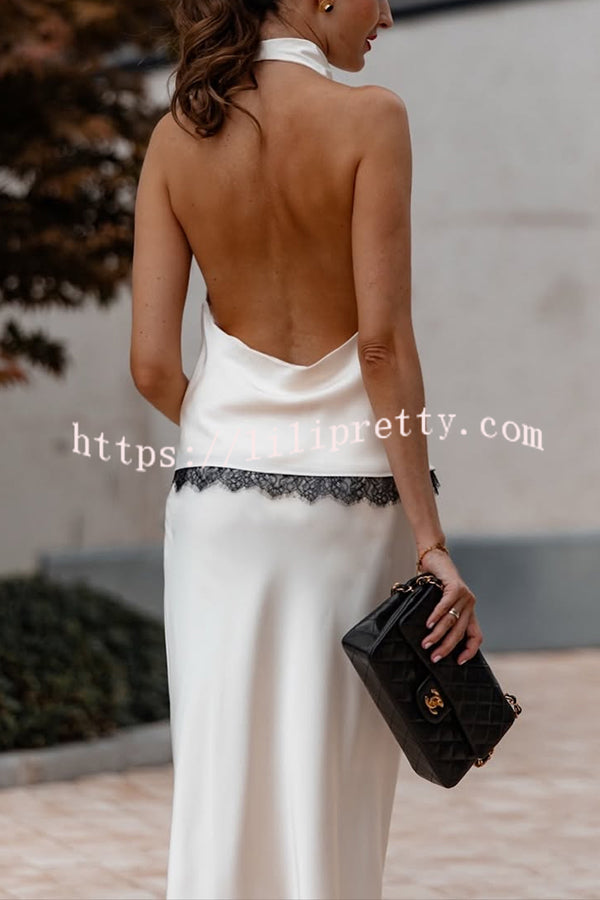 Iriena Satin Lace Trim Cowl Halter Neck Tank and Mid Rise Midi Skirt Set