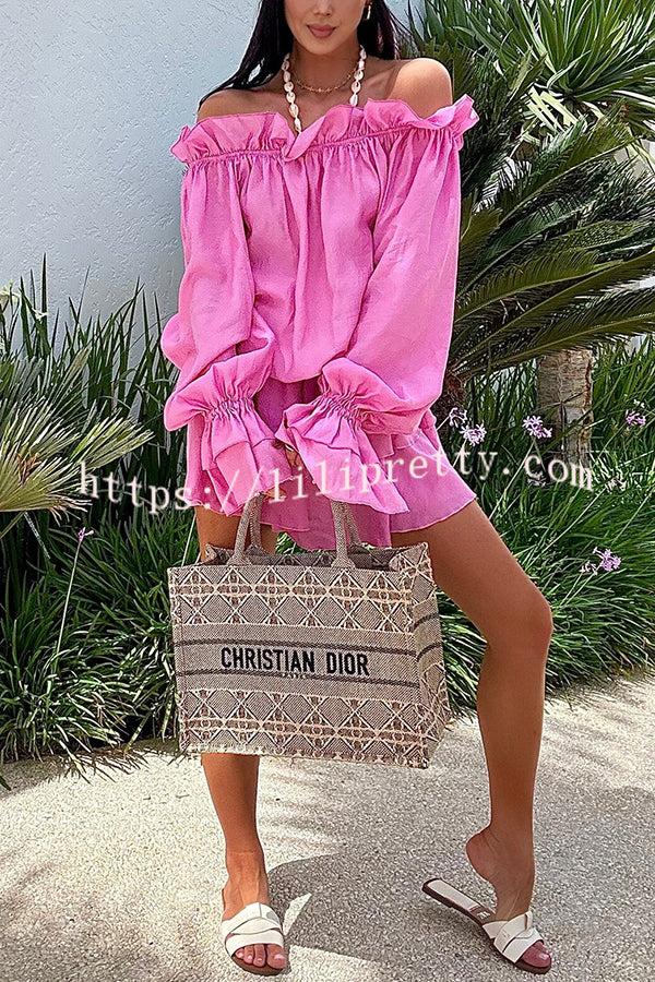 Arnell Linen Blend Off Shoulder Balloon Sleeve Shirt and Elastic Waist Layered Shorts Set