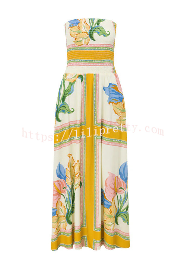 Linen Blend Unique Print Off-The-Shoulder Pleated Resort Maxi Dress