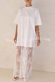 Ophelia Short Sleeve Sheer Floral Lace Hem Oversized T-shirt Maxi Dress