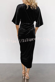 Lilipretty Brendy V Neck Half Sleeve Velvet Pleated Midi Dress