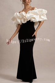 Cecily Velvet Off Shoulder Satin Structured Bardot Neck Stretch Maxi Dress