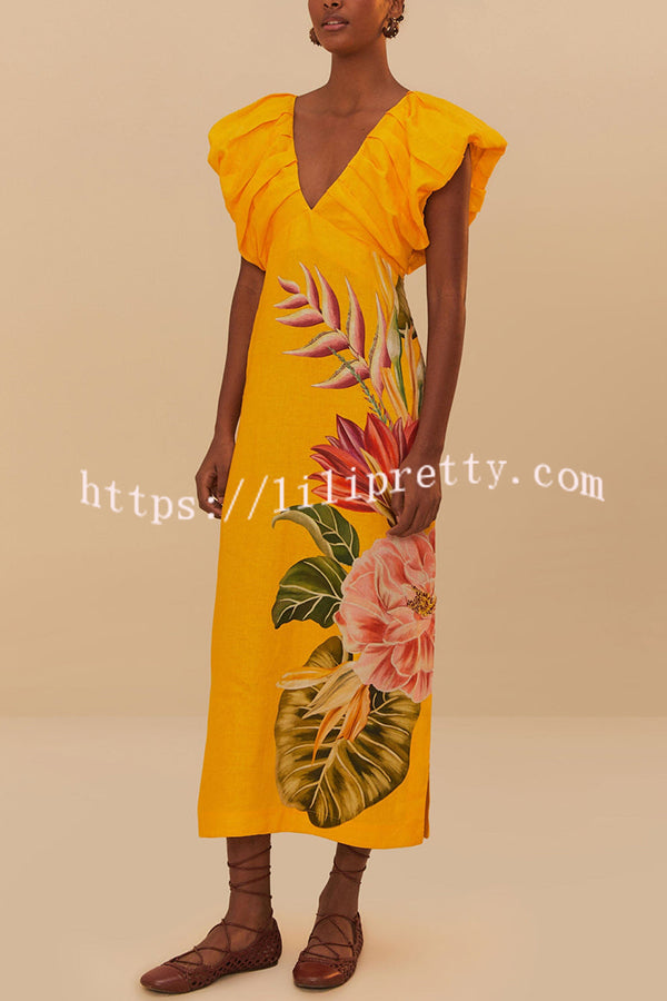 Plant Print V-neck Open Back Holiday Style Slit Midi Dress